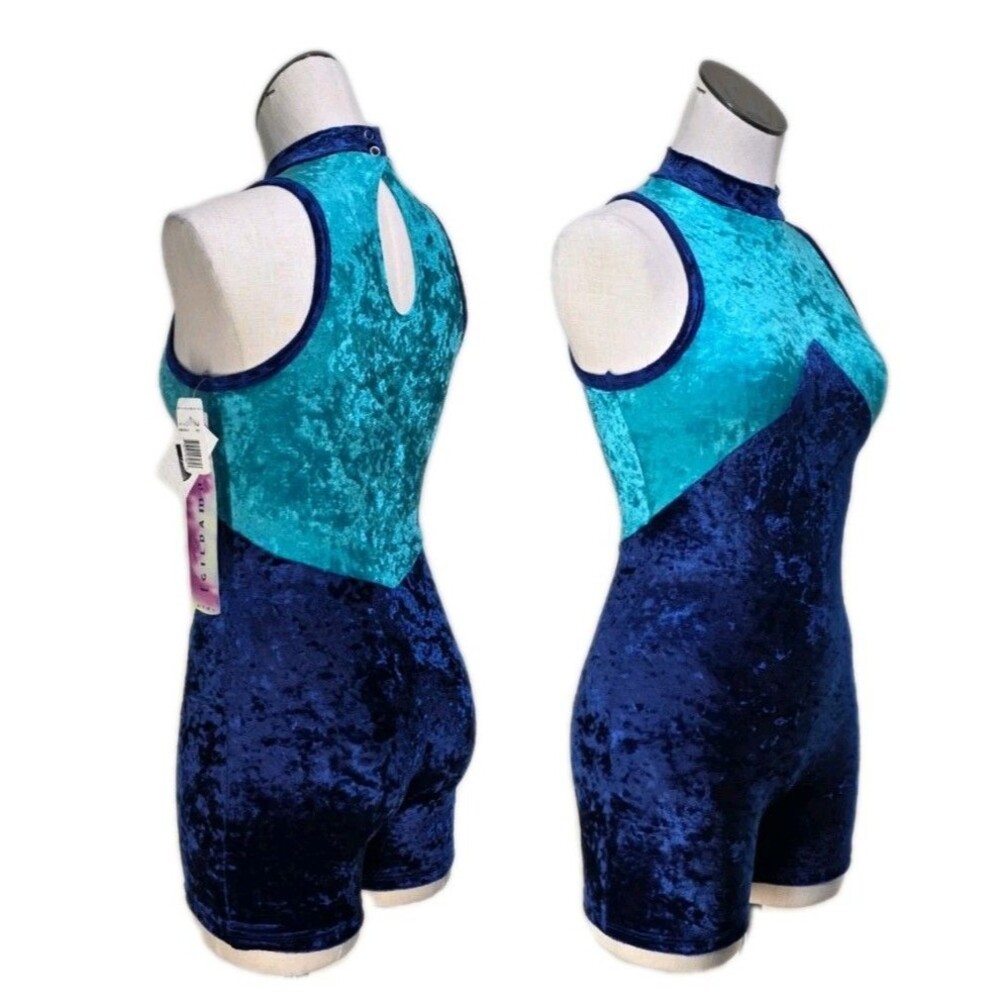 Gilda Marx VTG 90s High Neck Velvet Keyhole Biketard Unitard Dance Blue XS (Y/J)